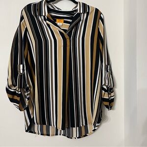 Ruby Rd Women’s Blouse Size M Striped Multi Color With Sleeve Buckles